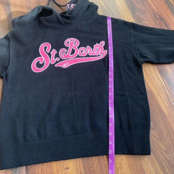 MC2 St Barth Wool Cashmere Blend Knit Hooded Crop Sweater Hot Pink Spell Out
